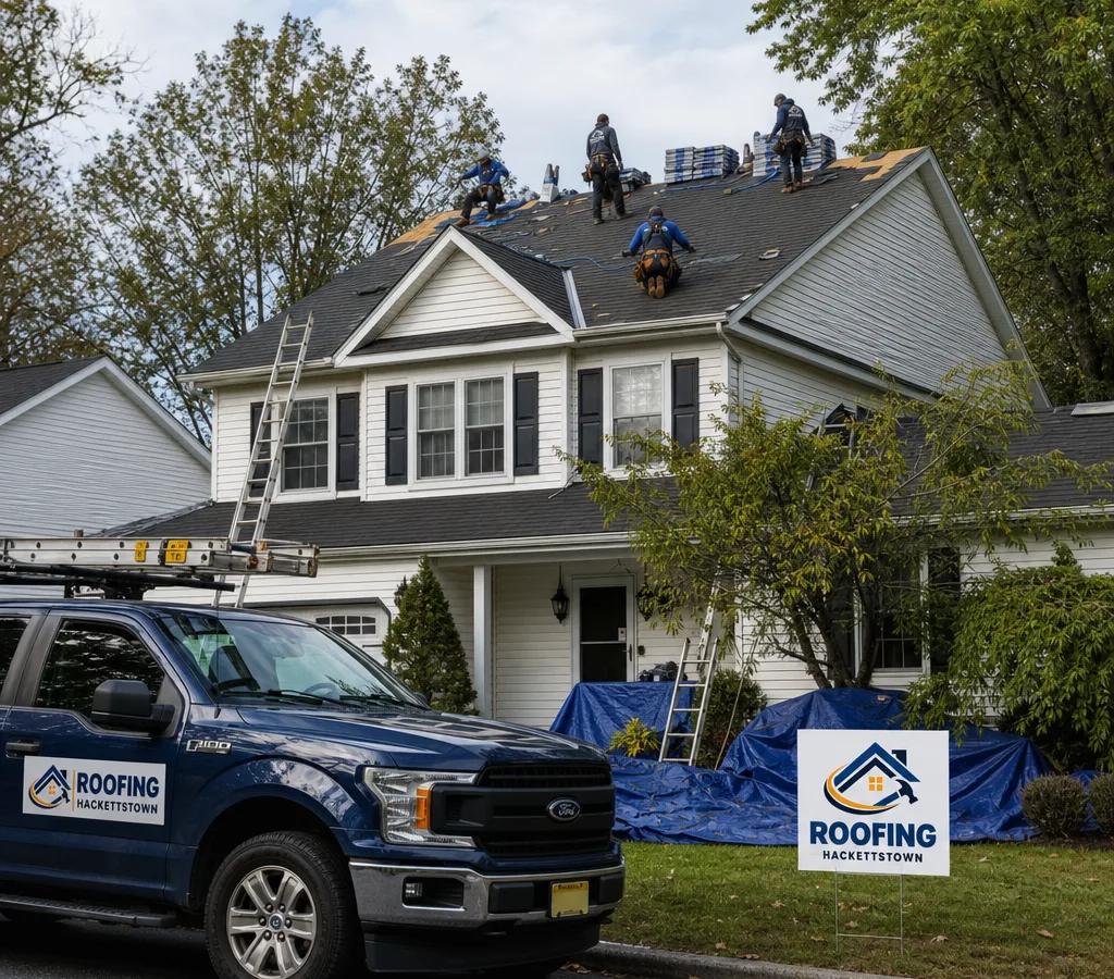 Roofing crew working safely on an asphalt-shingle home in Hackettstown, New Jersey