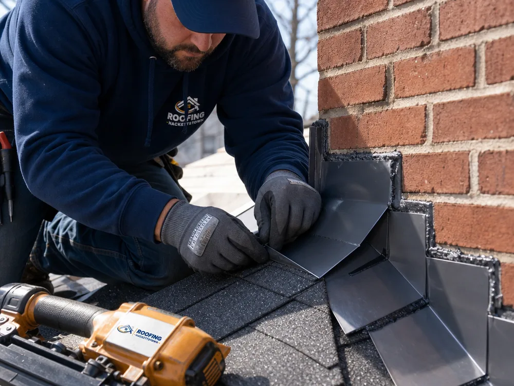 Close-up of roof step flashing and counterflashing at a chimney and sidewall
