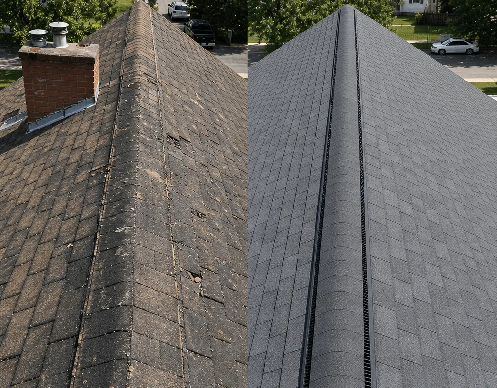 Before-and-after view of an aging asphalt roof replaced with straight shingle courses and a new ridge vent