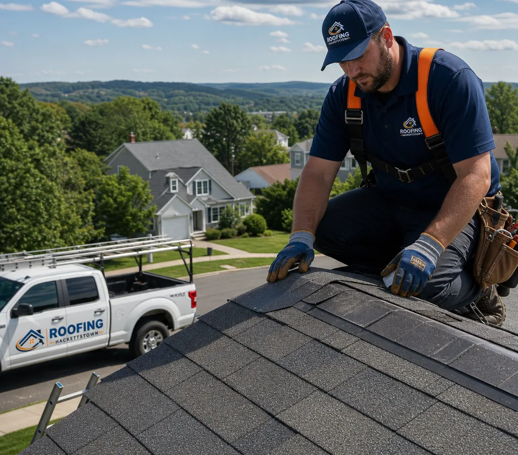 Roofer inspecting residential shingles and flashing in Hackettstown, New Jersey