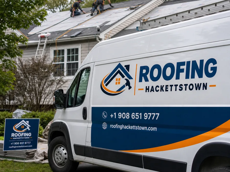 Roofing crew using harnesses and roof jacks while protecting landscaping and staging materials neatly