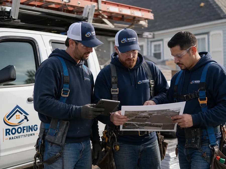 Hackettstown roofing team in safety gear reviewing a roof plan and assessment photos